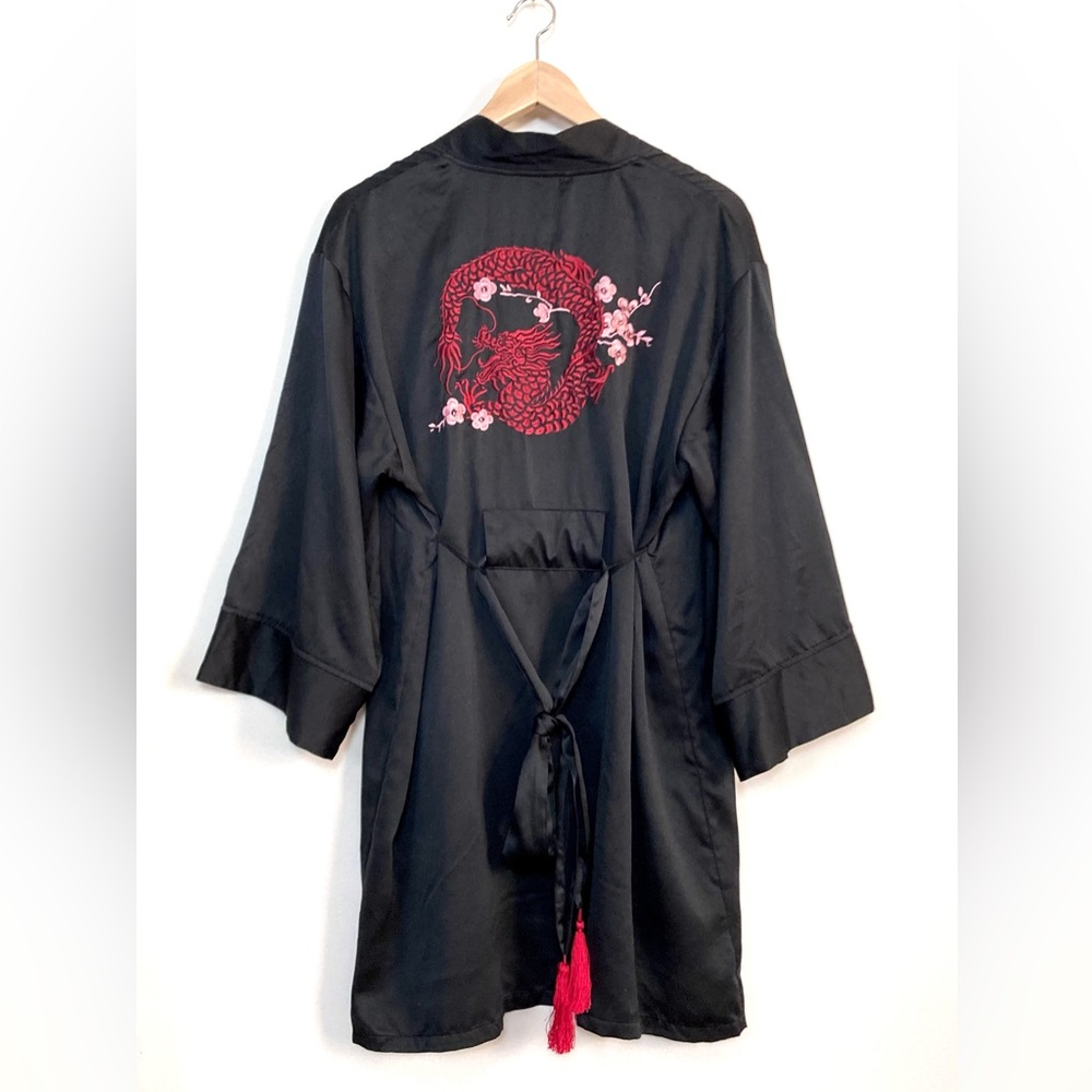 NATORI Satin Kimono Robe Embroidered Dragon Flowers, sz M/L